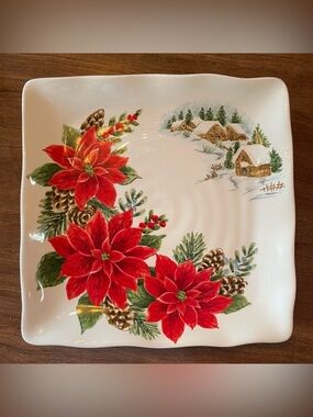 Maxcera Poinsettia and Snowy Cabins Square Christmas Plate